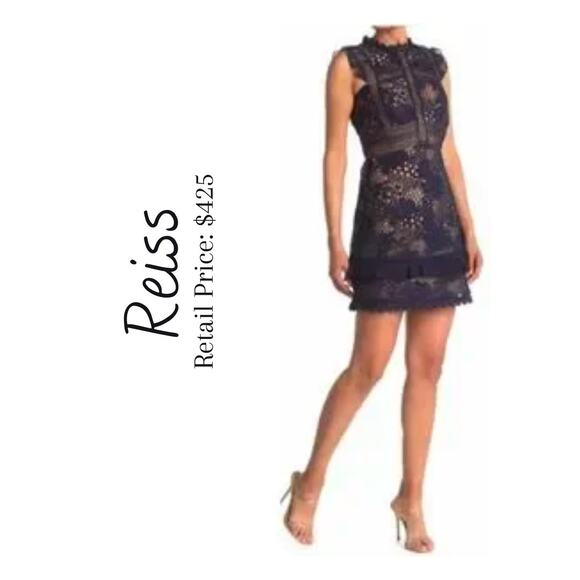NWT Reiss Navy Lace Lena Dress US size 0 - Picture 1 of 15